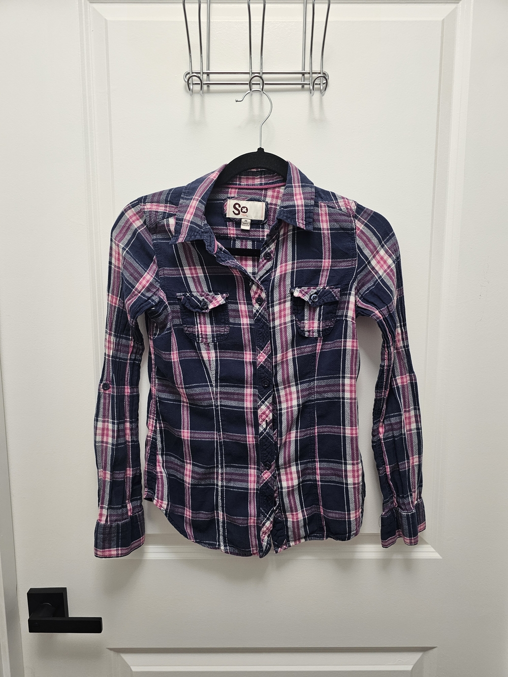 SO Girls Navy and Pink Plaid Button-Down Shirt